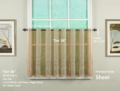 Today's Curtain, Samantha Embroidered Sheer Tier 36", Taupe, 59" W x 36" L - color: Taupe, size: 59"W x 36"L (Pack of 1)