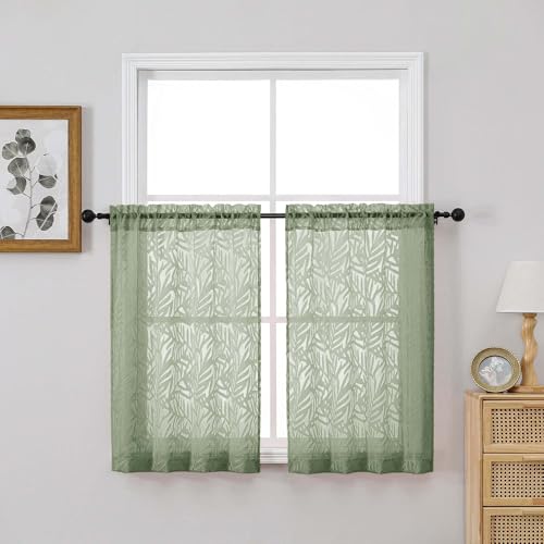 OVZME Sage Green Small Sheer Curtains 45 Inch Length 2 Panels, Light Filtering Soft Airy Cafe Curtains Dual Rod Pocket Design, Leaf Jacquard Farmhouse Window Drapes for Kitchen, 2x28Wx45L Inches - color: Sage Green, size: 28"W x 45"L (Pack of 2)
