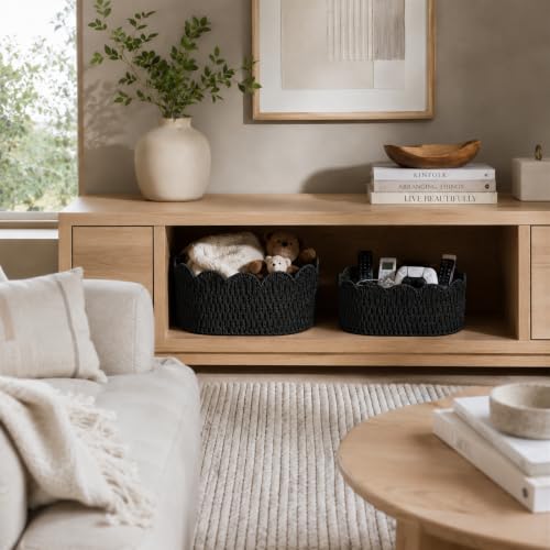 Endymion Set of 2 Paper Rope Scalloped Basket, Wicker Storage Baskets Black - color: Black