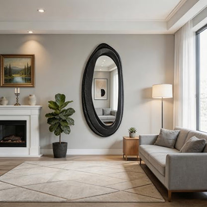 POZINO 63"x26" Irregular Full Length Mirror, Asymmetrical Oval Wall Mirror - size: 63"L x 26"W