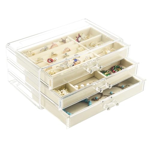 Weiai 3 Drawer Acrylic Jewelry Box Organizer Earring Storage Case Tray for Women - color: Beige