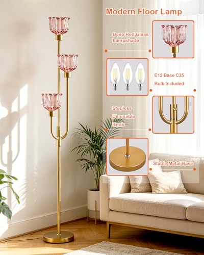 3-Light Glass Floor Lamp 66IN Modern Red Glass Gold Dimmable Floor Lamps - color: Deep Red Tulip-Gold