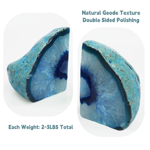 Natural Agate Bookends Pair - Vibrant Dyed Blue Geode Design, 2-3 lbs Heavy Duty Non-Slip Crystal Bookends for Shelves | Home Office Decor - color: Blue, size: 2-3LBS