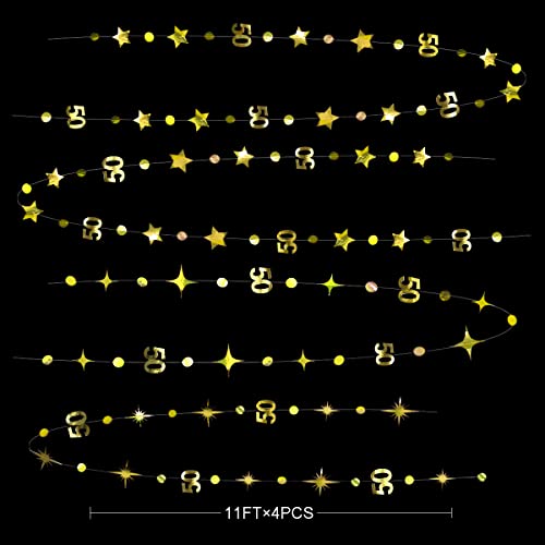 Gold 50th Birthday Decorations Number 50 Circle Dot Twinkle Star Garland Metallic Hanging Streamer Bunting Banner Backdrop for 50 Year Old Birthday Happy 50th Anniversary Fiftieth Party Supplies - color: Gold