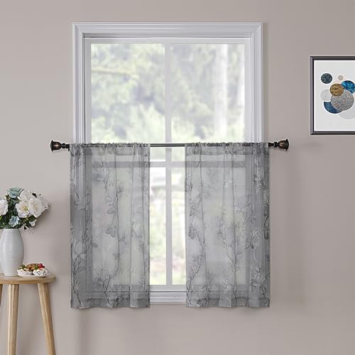 Tollpiz Floral Short Grey Sheer Tier Curtains Flower Print Vine Embroidery Kitchen Half Curtain Rod Pocket Café Voile Window Curtains for Bathroom, 30 x 24 inches Long, Set of 2 Panels - color: Grey, size: 30"W x 24"L (Pack of 2)