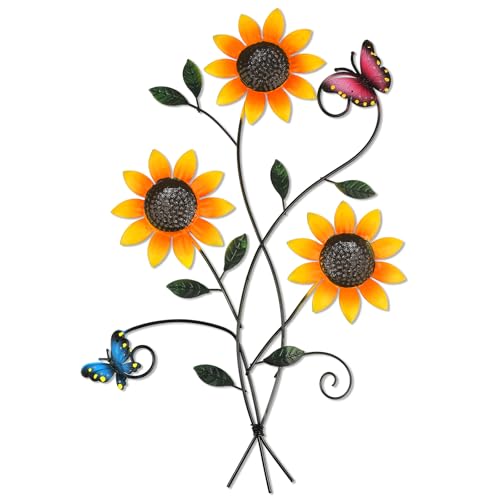 Metal Sunflower Wall Decor with Butterfly 3D Colorful Outdoor Wall Art - color: yellow