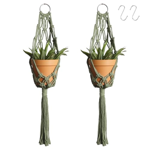 Artilady Boho Hanging Planter for Indoor Plants, Macrame Plant Hanger - color: Dark Green