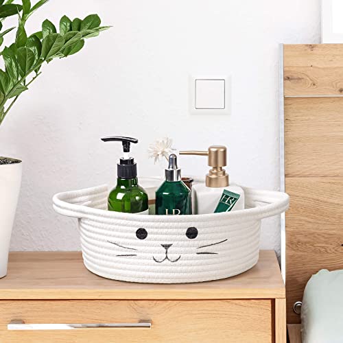 Small Woven Rope Cat Toy Basket with Cat Face Design, White - color: White, size: 9.8"W x 4"H