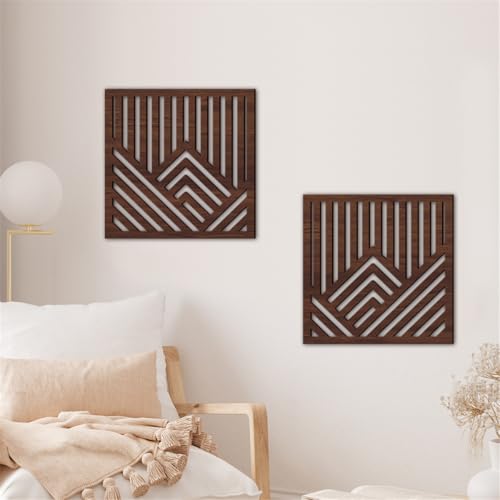 Geometric Mountain Wood Wall Art Decor, 2 Pcs Modern Mountain Wall Sculptures Wooden Square Hanging Abstract Panels, 3D Square Hollow Wood Art Wall Decor for Home Office Living Room Bedroom (Brown) - color: Brown