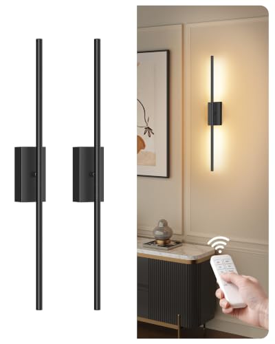 27.6" Wireless Wall Sconces Battery Operated Set of 2, Rechargeable Lamps with Remote, 360° Rotation, 10000mAh, Touch Dimmable Lights for Bedroom, Living Room, Hallway, Black B06YBP205 - color: Black, size: 27.6 Inches