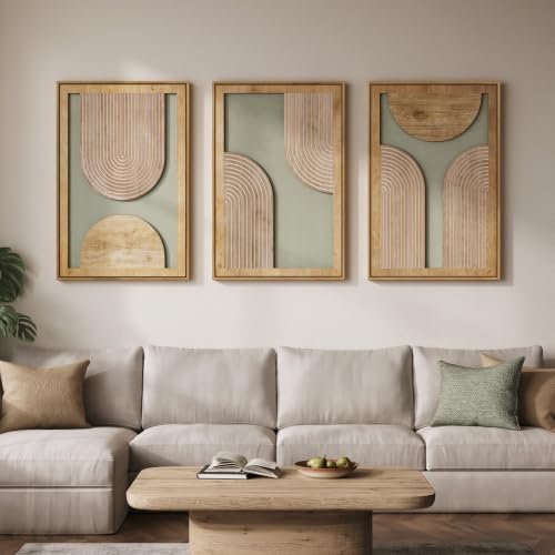 Framed 3D Wood Boho Abstract Textured Wall Decor Living Room, 24x36 Inch - color: Neutral Grey Green