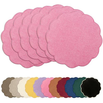 AHHFSMEI Round Scalloped Placemats Set of 6 15 Inch Faux Linen - color: Pink