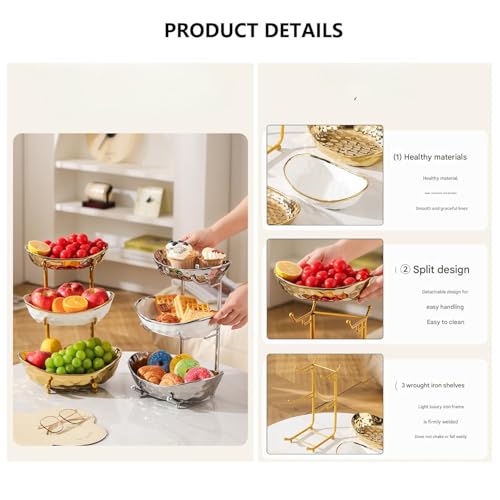 XUDREZ 3 Tier Fruit Bowl with Metal Stand for Kitchen Counter, Ceramic White Gold Silver, Tiered Fruit Basket for Nuts, Snacks, Bread, Candy Storage (White B) - color: White B