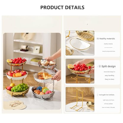 XUDREZ 3 Tier Fruit Bowl with Metal Stand for Kitchen Counter, Ceramic White Gold Silver, Tiered Fruit Basket for Nuts, Snacks, Bread, Candy Storage (White B) - color: White B