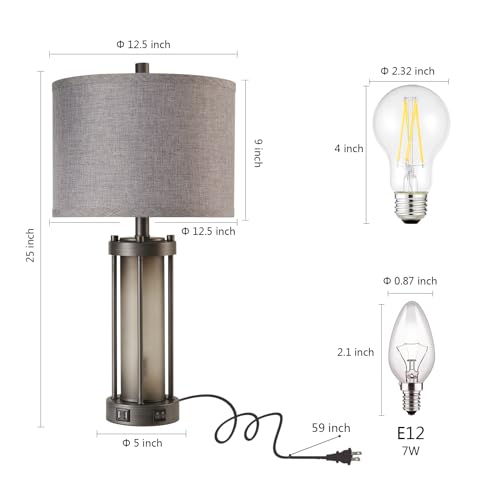 RORIA Set of 2 Rustic Table Lamps for Living Room with 2 USB Ports - color: Gray