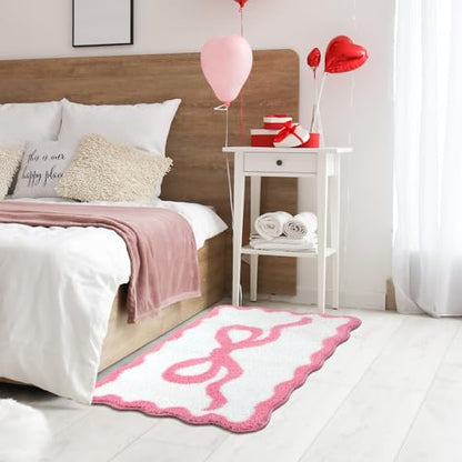 Tinideya Pink Bow Bathroom Rug 20" x 32" Scalloped Bow Bath Mat - color: Pink, size: 20" x 32" (Rectangular)