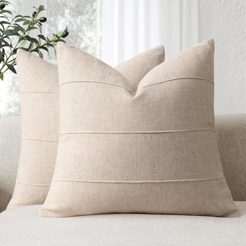 Decorative Linen Throw Pillow Covers 24x24 Set of 2 Solid handcrafted Striped Cushion Covers for Bed Soft Modern Farmhouse Neutral Pillowcase for Couch Bedroom Living Room Home Decor(Natural Beige) - color: Natural Beige, size: 24" x 24" (Pack of 2)