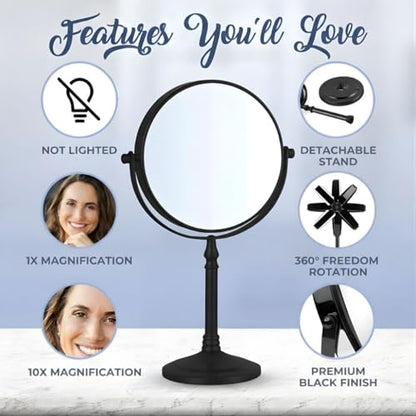 MIRRORVANA Double Sided 10X/1X Magnifying Makeup Mirror, 8" x 15" (Black) - color: Black