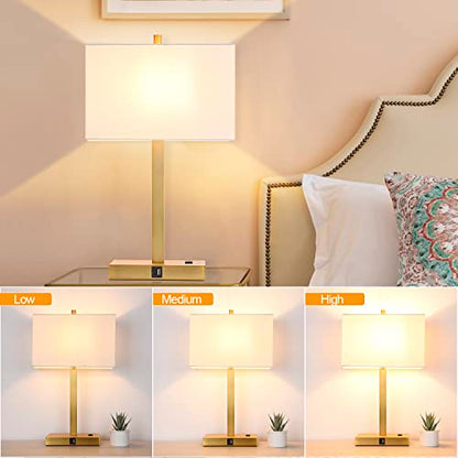 21" Touch Bedside lamps with 2 USB & AC Outlets, 3-Way Dimmable Bedside Table Lamps Set of 2 for Bedroom Living Room Office Reading, White Shade Lamps for Night Stands, 2700K LED Bulbs Included - color: White Cream Linen & Brushed Gold