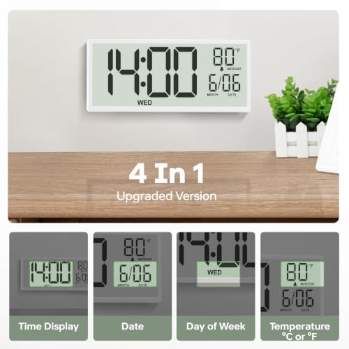 JALL Large Digital Wall Clock Battery Operated, Wall Clock with Big Numbers LCD Display, Digital Clock with Simultaneous Date Day Temperature, Auto DST, Clocks for Office, Gym, Bedroom, Elderly- White - color: A White Shell, size: 14.5 inches