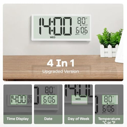 JALL Large Digital Wall Clock Battery Operated, Wall Clock with Big Numbers LCD Display, Digital Clock with Simultaneous Date Day Temperature, Auto DST, Clocks for Office, Gym, Bedroom, Elderly- White - color: A White Shell, size: 14.5 inches