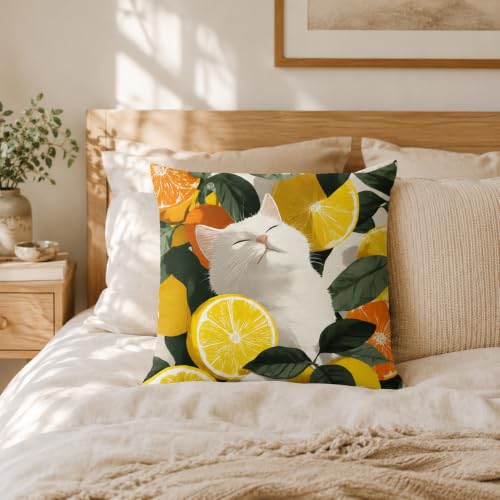 Sleeping Cat Pillow Cover 18x18 Inches, Citrus Botanical Decor - color: Lemon Cat