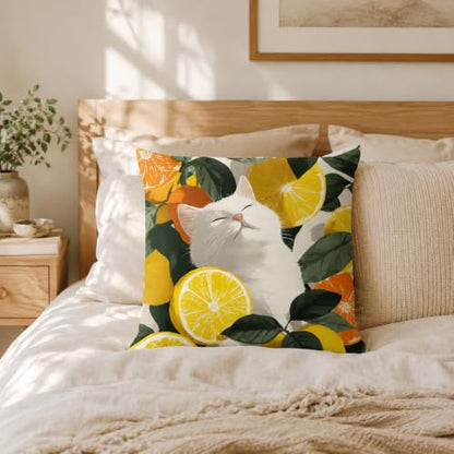 Sleeping Cat Pillow Cover 18x18 Inches, Citrus Botanical Decor - color: Lemon Cat