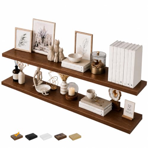 RICHER HOUSE 55Inch Long Floating Shelves, 12" Deep Wood Wall Shelf, Walnut - color: Walnut, size: 55in