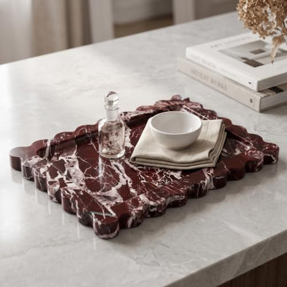 Rosso Lepanto Marble Scalloped Tray, 13.8"x9.8" Natural Stone Organizer