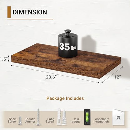 Vivelove 12 Inch Deep Floating Shelves, 24 x 12 Inch, Rustic Brown, 2 - color: Rustic Brown, size: 23.6”wx12”dx1.5”h