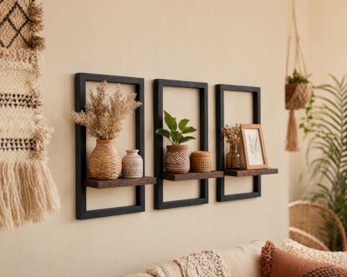 Wall Plant Holder for Indoor Plants, Wooden Wall Planter Shelf, Picture Frame Hanging Plant Shelf, Window Plant Shelves for Succulents, Air Plants & Small Pots, Farmhouse Home Wall Decor, 3 Pack