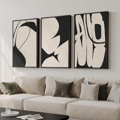 Large Framed Neutral Abstract Wall Art, 3 Piece Black and Beige, 24x36 In - color: Black & Beige Forms, size: 24" W x 36" H x 3pcs