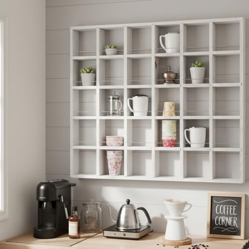 Kigley Oversize Coffee Mug Display Rack Wooden Shelves Rustic Shot Glass Display Case Travel Mug Shelf Wall Mounted Rack Holder Shadow Box(5 x 6,White) - color: White, style: 5 x 6