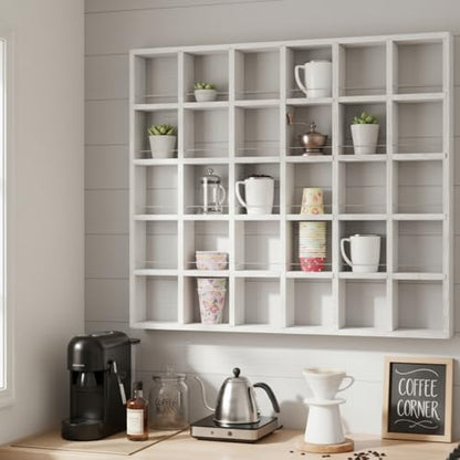 Kigley Oversize Coffee Mug Display Rack Wooden Shelves Rustic Shot Glass Display Case Travel Mug Shelf Wall Mounted Rack Holder Shadow Box(5 x 6,White) - color: White, style: 5 x 6