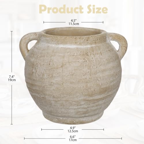 Briful Rustic Farmhouse Vase with Handles, 7.4" Ceramic Vases for Tabletop - color: Cream White#754