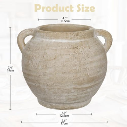 Briful Rustic Farmhouse Vase with Handles, 7.4" Ceramic Vases for Tabletop - color: Cream White#754