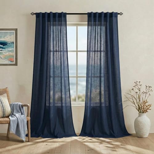Navy Blue Narrow Curtains 84 Inches Long, Back Tab Summer Modern Farmhouse Light Filtering Semi Sheer Linen Skinny Curtain Drapes for Living Room Boys Kids Bedroom, Indigo Midnight Dark Blue - color: Navy Blue, size: 42"W x 84"L (Pack of 2)