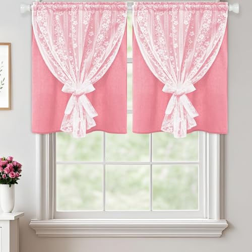 ASPMIZ Pink Kitchen Curtains Double Layer Curtains with Linen Lace, Linen Kitchen Window Curtain 36 inch Length, Farmhouse Tier Curtain with 2 Tiebacks, Rod Pocket Window Treatments for Cafe Bathroom - color: Deep Pink, size: 26"W x 36"L (Pack of 2), styl