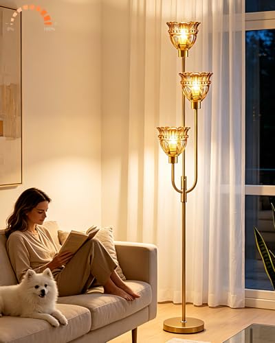Amber Glass Floor Lamp 66IN 3-Light Modern Gold Dimmable Tree Floor Lamps - color: Amber Lace-Gold