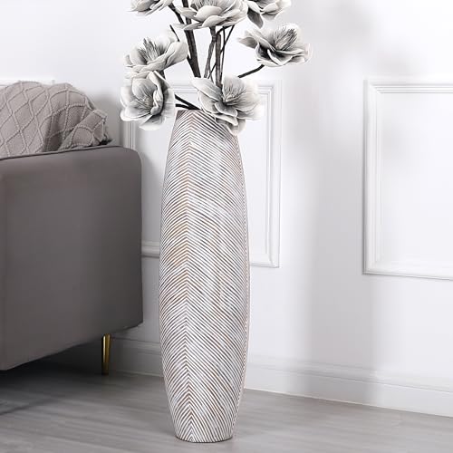 Leewadee Decorative Tall Floor Vase for Living Room Decor, 34 inches, White Wash, Resin - color: White / Carved, size: 34 inches
