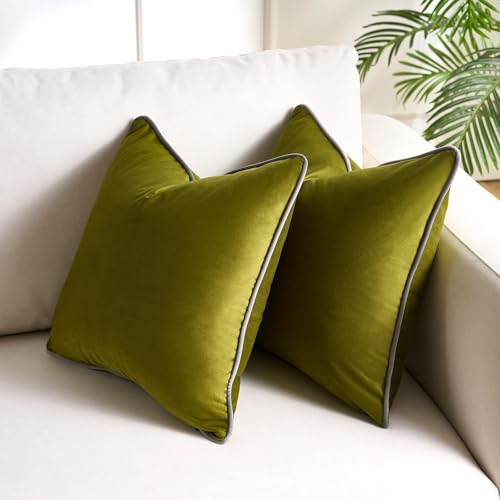 20x20 Pillow Covers Velvet Pillow Cases Soft Modern Cushion Covers Neutral Pillow Covers With Grey Edge Luxury Velvet Square Pillowcases Comfortable Soft Cushion Case for Sofa Bedroom Car Living Room - color: Olive Green, size: 20" x 20" (Pack of 2)