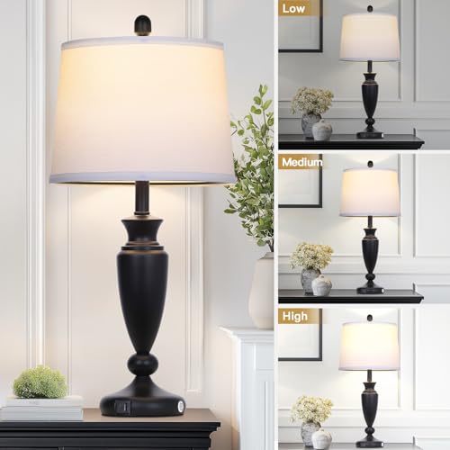 Rinweey 27'' Black Table Lamps Set of 2, 3 Way Touch Control Living Room Lamps with USB A+C Ports, Modern Bedside Lamps, Elegant Metal Nightstand Lamps for Bedroom Office End Table Decoration - color: Black-27"H