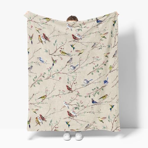 Horaldaily Spring Summer Birds Branch Biege Flannel Throw Blanket 50x60 - color: Beige, size: Throw(50x60'')