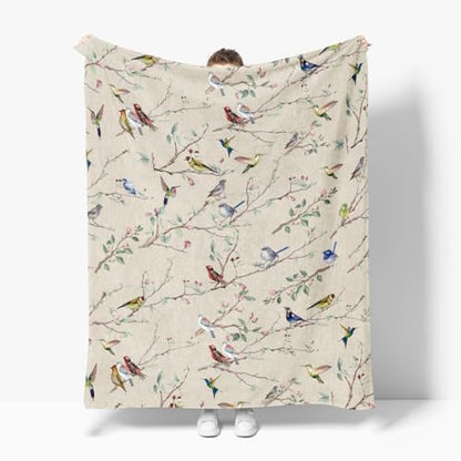 Horaldaily Spring Summer Birds Branch Biege Flannel Throw Blanket 60x80 - color: Beige, size: Twin(60x80”)