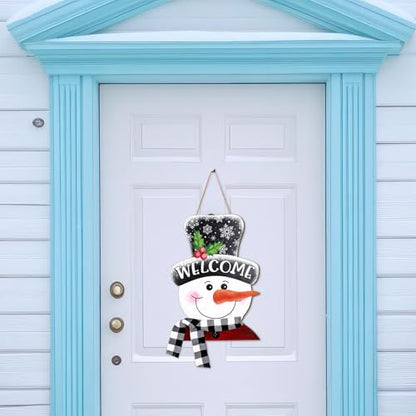 Whaline Winter Snowman Wooden Hanging Sign with Black White Buffalo Plaid Scarf Ribbon Snowman Welcome Sign Xmas Door Decor Sign for Christmas Winter kitchen Indoor Outdoor Porch Wall - style: vivid