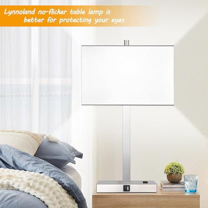 21" Set of 2 Touch Control Table Lamps with 2 USB & AC Outlets, 3-Way Dimmable Modern Nightstand Lamps for Bedroom Living Room Office Reading, White Shade Bedside Lamps, 5000K LED Bulbs Included. - color: White Linen & Brushed Nickel