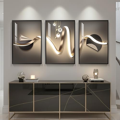 Large Framed Modern Luxury Black and Gold Abstract Wall Art, 24x36 In - color: Luxe Curve Collection, size: 24" W x 36" H x 3 pieces