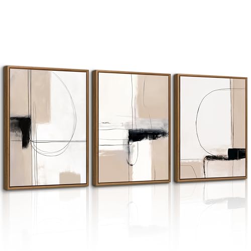 3 Pcs Framed Neutral Abstract Canvas Wall Art Prints Modern Decor 16"x24" | Black and Beige White Wall Art Minimalist Canvas Painting Artwork Walls for Living Room Bedroom Hallway Office - color: Black and Beige White Geometry Lines, size: 16"x24"x3Pcs