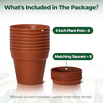 T4U Terracotta Pots for Plants 5 Inch with Saucer, Clay Flower Pot 8 Pack - color: Terracotta, size: 5 inch