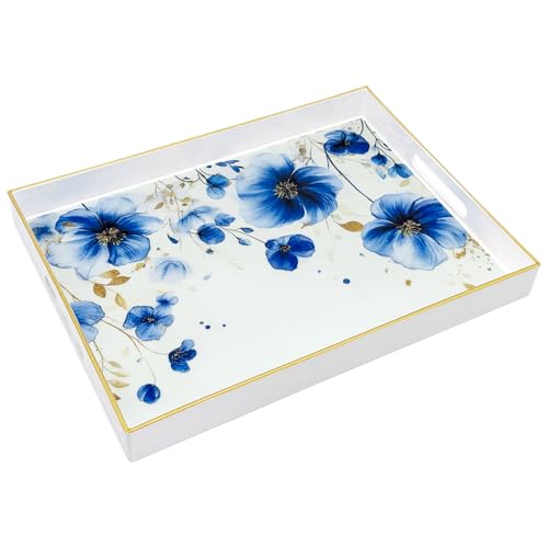 Serving Tray with Handles, 15.7 * 11.8 inches, Plastic Ottoman Tray with Exquisite Paintings, Trays for Coffee Table - color: Charm Blue